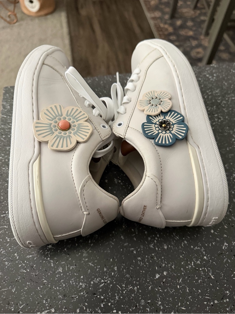 Coach White Leather Sneakers with Cream and Blue Floral Charms